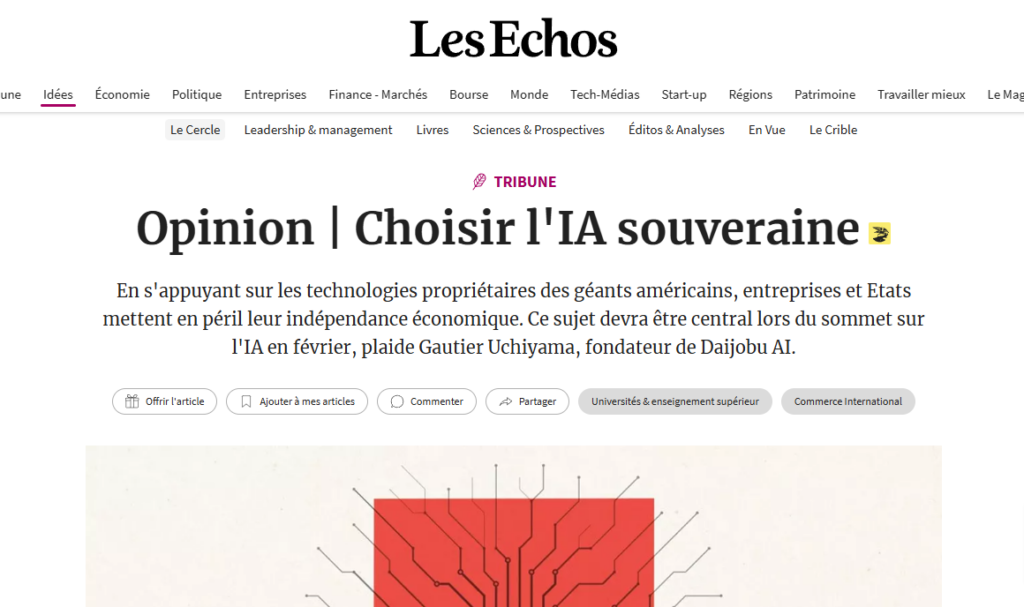 Capture de la tribune Les Échos « Choisir l’IA souveraine »